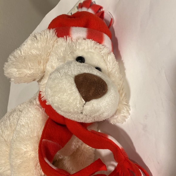 GITZY Valentines Day Plush White Toy Dog Puppy Red Beanie Scarf Brown Nose - Picture 13 of 14